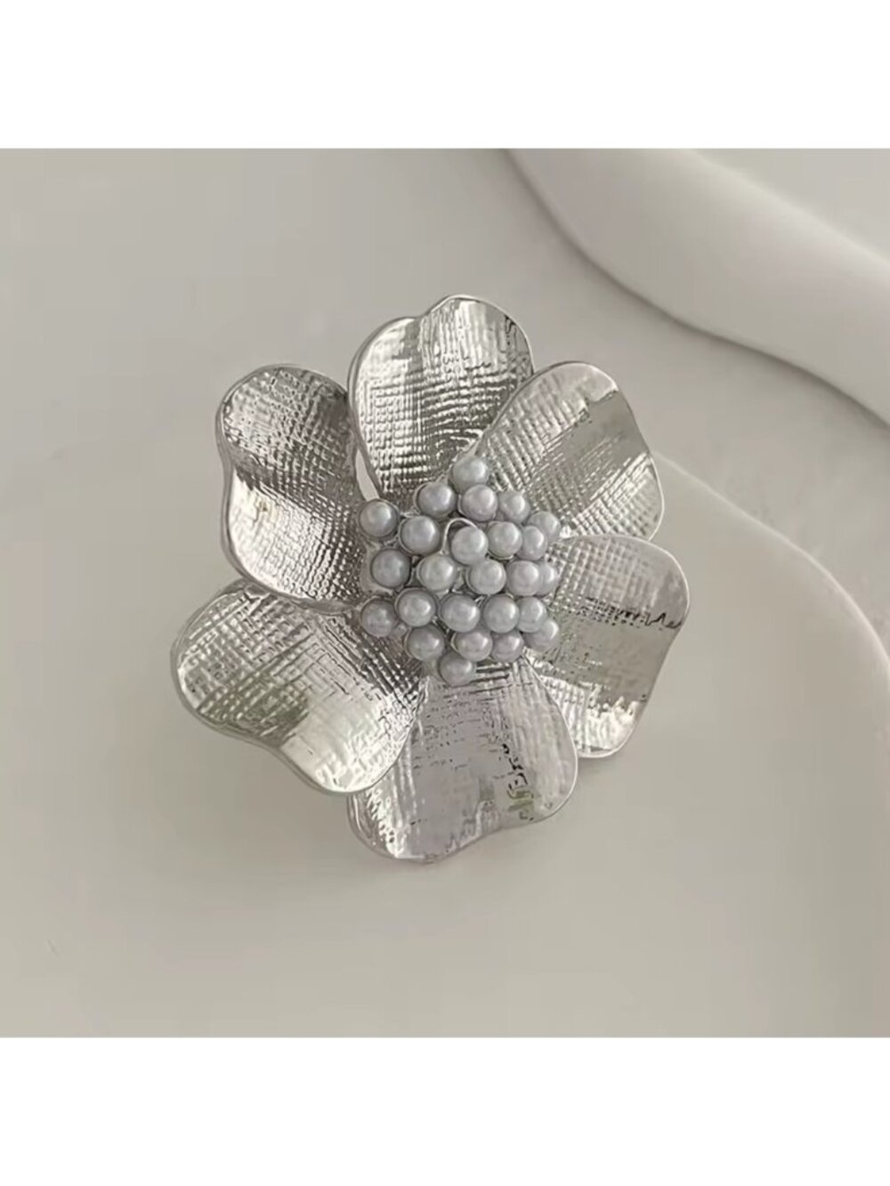 Anthropologie Flower Silver Pearl Adjustable Ring